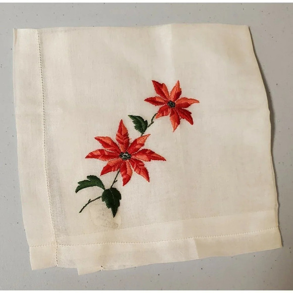 Vintage A Burmel Original Embroidered Poinsettia All Cotton Christmas Hankie New - Picture 1 of 7